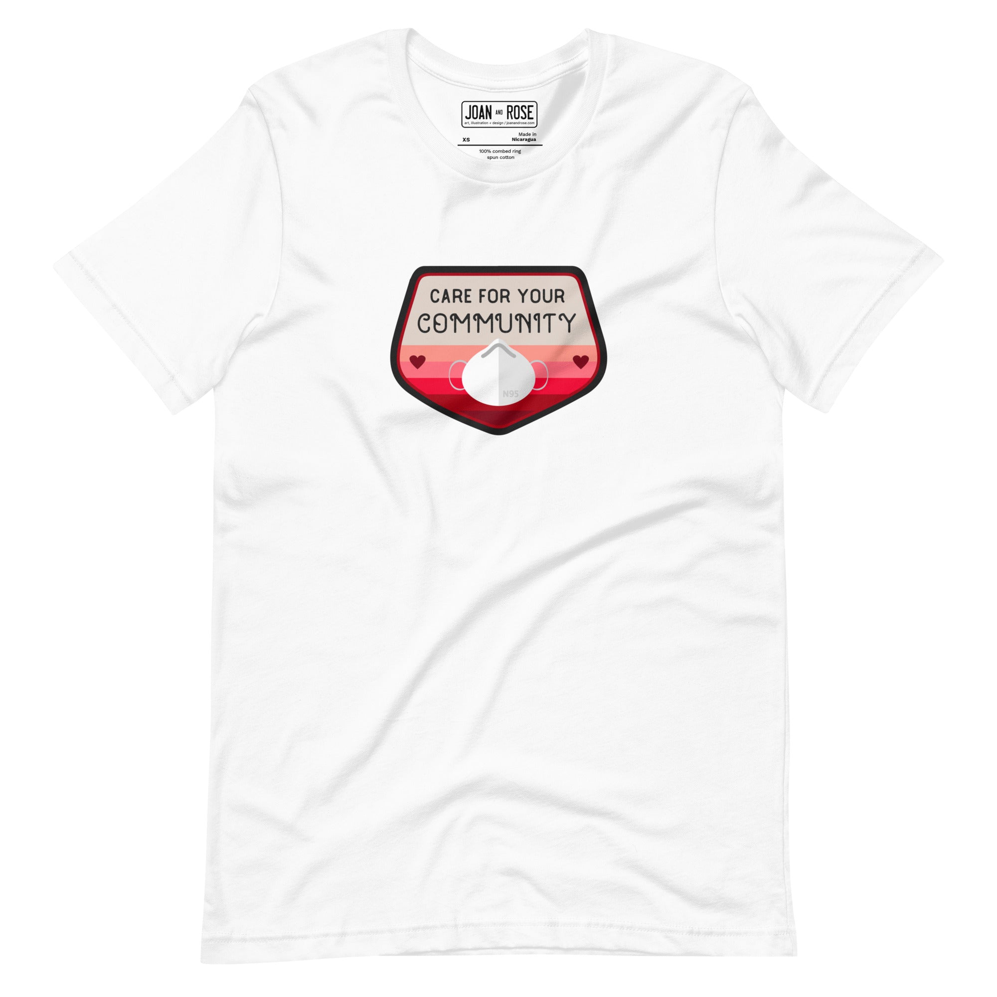 View of Care for your community t-shirt in white